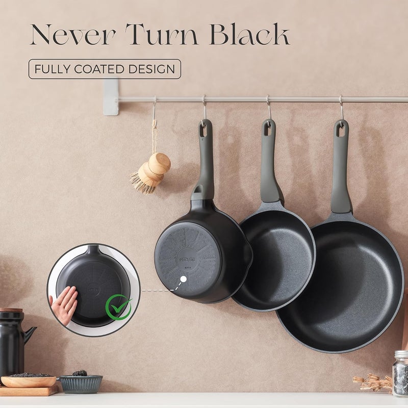PRICUSIS 5Pcs Nonstick Frying Pan Set, Swiss ILAG Coating, 8+10+12 Inch Induction Compatible, Stay Cool Handle, Fully Coated, 100% Dishwasher Safe, PFOA Free Omelet Pans, Warp Resistant (Black Sesame) - Image 4